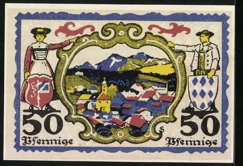 Notgeld Miesbach 1920, 50 Pfennig, Teilansicht, Stadtwappen