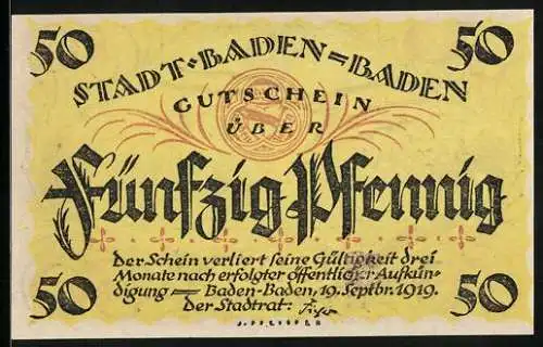 Notgeld Baden-Baden 1919, 50 Pfennig, Teilansicht
