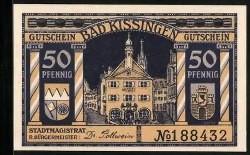 Notgeld Bad Kissingen 1920, 50 Pfennig, Das Rathaus, Trauernde Germania