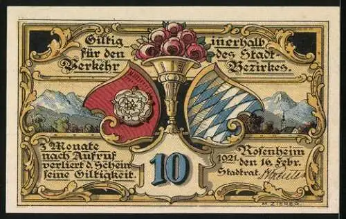 Notgeld Rosenheim 1921, 10 Pfennig, Strassenpartie mit dem Rathaus