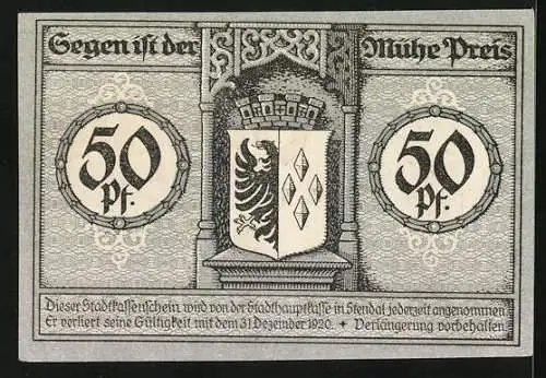 Notgeld Stendal 1920, 50 Pfennig, Turm mit Tordurchgang