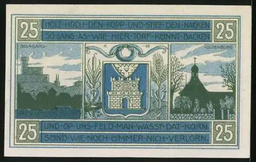 Notgeld Oldenburg / Holstein, 25 Pfennig, Ortspartien in Stargard und Oldenburg
