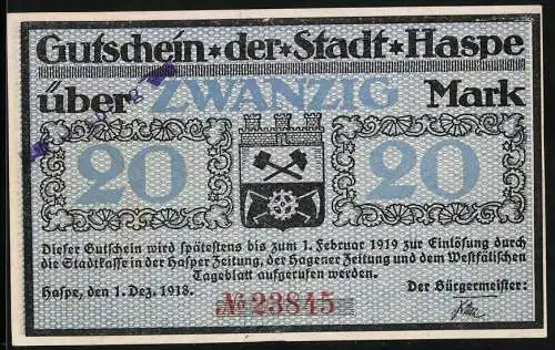 Notgeld Haspe 1918, 20 Mark, Wappen, Hammer und Amboss