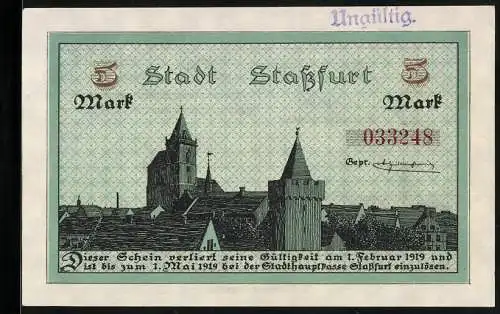 Notgeld Stassfurt 1918, 5 Mark, Ortsansicht mit Kirche, Kali-Bergwerk