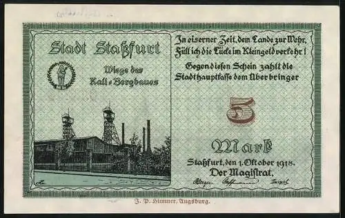 Notgeld Stassfurt 1918, 5 Mark, Ortsansicht mit Kirche, Kali-Bergwerk