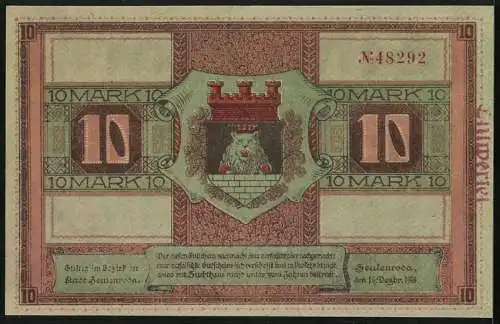 Notgeld Zeulenroda 1918, 10 Mark, Wappen mit Löwe, Blick aufs Rathaus