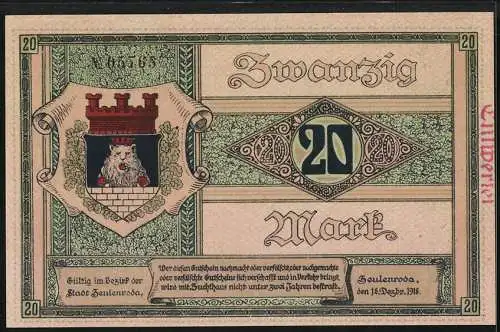 Notgeld Zeulenroda 1918, 20 Mark, Blick aufs Rathaus