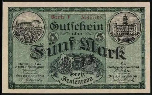 Notgeld Zeulenroda 1918, 5 Mark, Schloss Greiz-R., Rathaus Zeulenroda