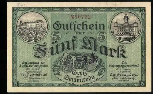 Notgeld Zeulenroda 1918, 5 Mark, Rathaus Zeulenroda, Schloss Greiz-R.