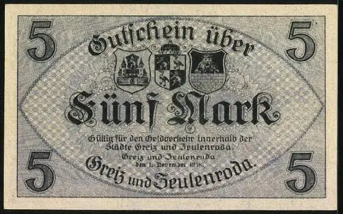 Notgeld Zeulenroda 1918, 5 Mark, Rathaus Zeulenroda, Schloss Greiz-R.