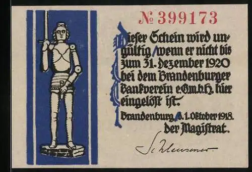 Notgeld Brandenburg 1918, 50 Pfennig, Ritter-Statue