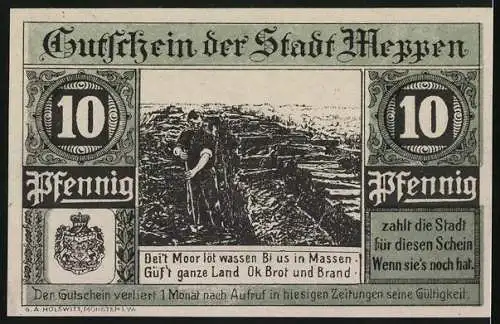 Notgeld Meppen 1921, 10 Pfennig, Torfstecher und das Rathaus