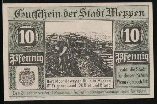 Notgeld Meppen 1921, 10 Pfennig, Das Rathaus, Torfstecher