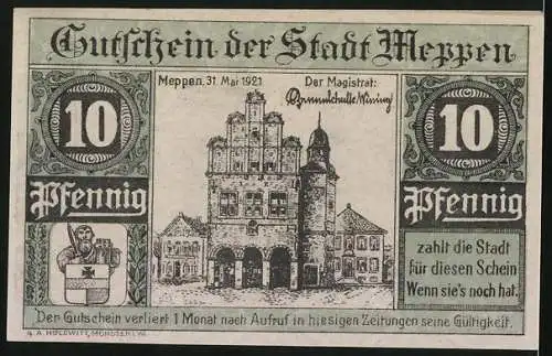 Notgeld Meppen 1921, 10 Pfennig, Das Rathaus, Torfstecher