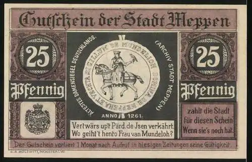 Notgeld Meppen 1921, 25 Pfennig, Das Rathaus, altes Damensiegel