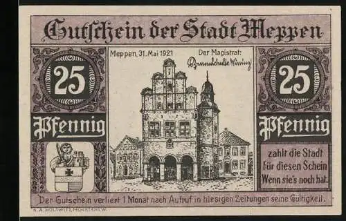 Notgeld Meppen 1921, 25 Pfennig, Altes Damensiegel, Rathaus