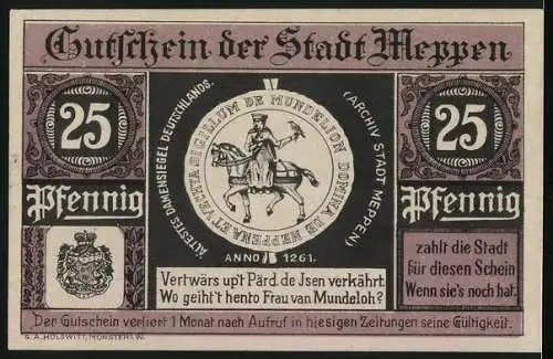 Notgeld Meppen 1921, 25 Pfennig, Altes Damensiegel, Rathaus