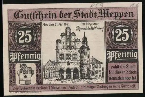 Notgeld Meppen 1921, 25 Pfennig, Damensiegel und Rathaus