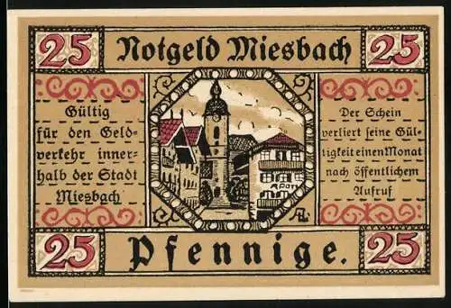 Notgeld Miesbach 1921, 25 Pfennig, Ortspartie mit Blick zur Kirche