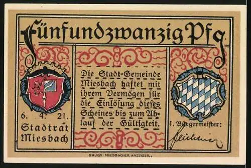 Notgeld Miesbach 1921, 25 Pfennig, Ortspartie mit Blick zur Kirche