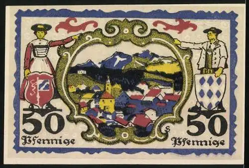 Notgeld Miesbach 1921, 50 Pfennig, Ortsansicht aus der Vogelschau