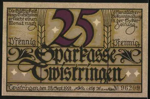 Notgeld Twistringen 1921, 25 Pfennig, Bauer mit der Sichel, Windmühle