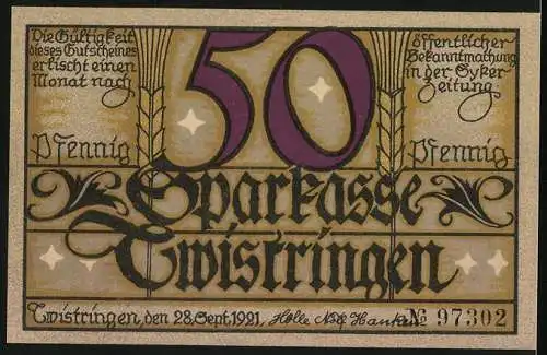 Notgeld Twistringen 1921, 50 Pfennig, Bäuerin trägt Getreide