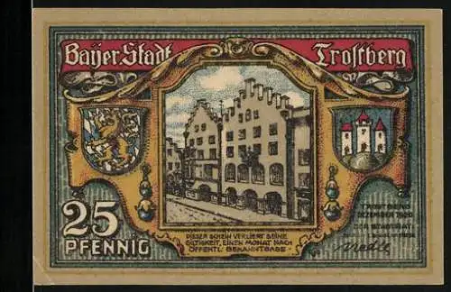 Notgeld Trostberg 1920, 25 Pfennig, Ansicht des Rathauses