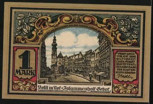 Notgeld Trostberg 1920, 1 Mark, Stadtwappen, Strassenpartie mit Blick zur Kirche