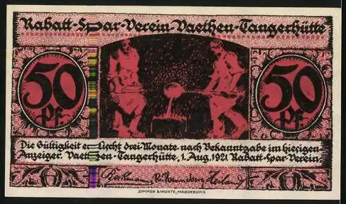 Notgeld Vaethen-Tangerhütte 1921, 50 Pfennig, Arbeiter beim Eisengiessen, Das alte Schloss