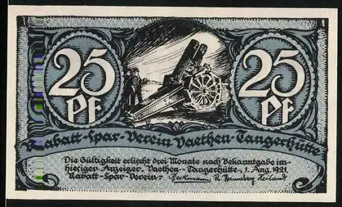 Notgeld Vaethen-Tangerhütte 1921, 25 Pfennig, Geschütz, Verwaltungsgebäude des Kruppschen Schiessplatzes