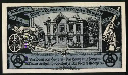 Notgeld Vaethen-Tangerhütte 1921, 25 Pfennig, Geschütz, Verwaltungsgebäude des Kruppschen Schiessplatzes