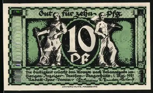 Notgeld Vaethen-Tangerhütte 1921, 10 Pfennig, Rathaus und Metallarbeiter