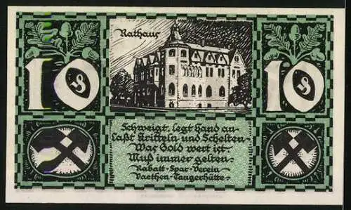 Notgeld Vaethen-Tangerhütte 1921, 10 Pfennig, Rathaus und Metallarbeiter