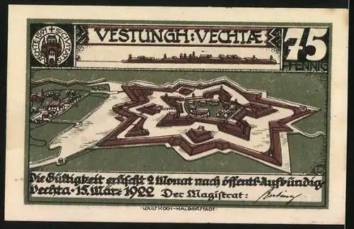 Notgeld Vechta 1922, 75 Pfennig, Die historische Festung Vechtae, Kettenhund bei Nacht