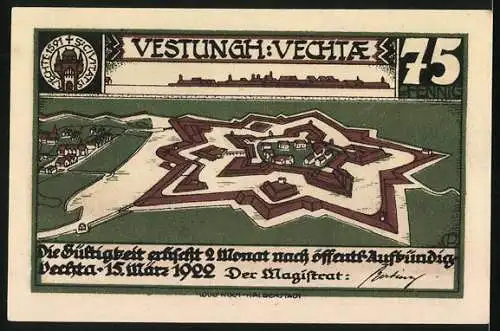 Notgeld Vechta 1922, 75 Pfennig, Die historische Festung Vechtae, ein alter Hund