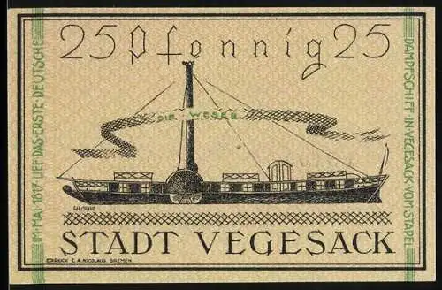 Notgeld Vegesack 1921, 25 Pfennig, Raddampfer auf der Weser