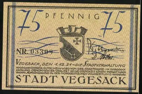 Notgeld Vegesack 1921, 75 Pfennig, Dampfer auf dem Wasser