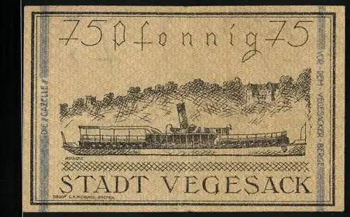 Notgeld Vegesack 1921, 75 Pfennig, Dampfer vor der Ortschaft