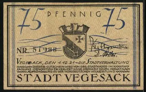 Notgeld Vegesack 1921, 75 Pfennig, Dampfer vor der Ortschaft