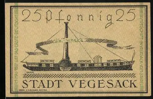 Notgeld Vegesack 1921, 25 Pfennig, Raddampfer Die Weser