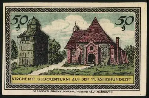 Notgeld Visselhövede 1921, 50 Pfennig, Kirche mit Glockenturm