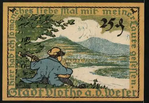 Notgeld Vlotho a. d. Weser 1921, 25 Pfennig, Mann mit Laute auf einem Hügel mit Flussblick