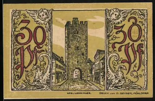 Notgeld Mühldorf 1921, 30 Pfennig, Stadttor