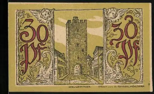 Notgeld Mühldorf 1921, 30 Pfennig, Partie am Stadttor