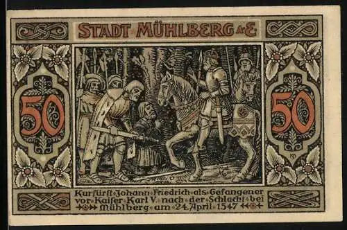 Notgeld Mühlberg a. E. 1921, 50 Pfennig, Kurfürst Johann Friedrich als Gefangener vor Kaiser Karl V.