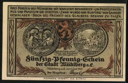 Notgeld Mühlberg a. E. 1921, 50 Pfennig, Kurfürst Johann Friedrich als Gefangener vor Kaiser Karl V.