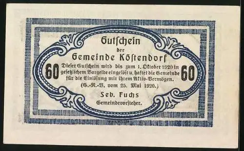 Notgeld Köstendorf 1920, 60 Heller, Ornamente, Kirche