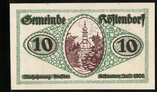 Notgeld Köstendorf 1920, 10 Heller, Ornamente, Kirche