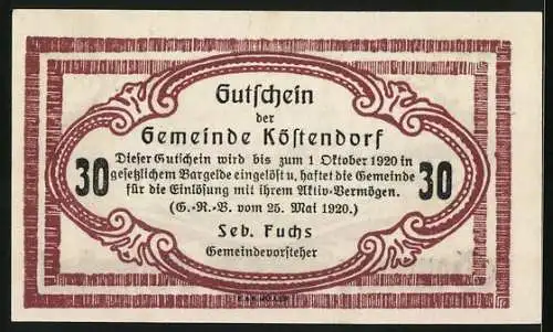 Notgeld Köstendorf 1920, 30 Heller, Ortsansicht